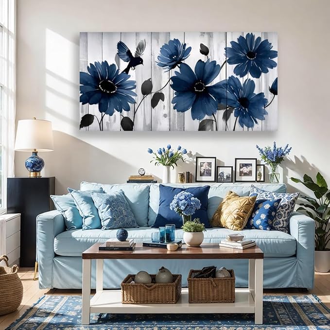 JLXART Large Blue Floral Canvas Wall Art, Modern Daisy Flower Print with Bird, Living Room Home Decor, Gray Wood Background Framed Office Home Decor Size 30 x 58 inch