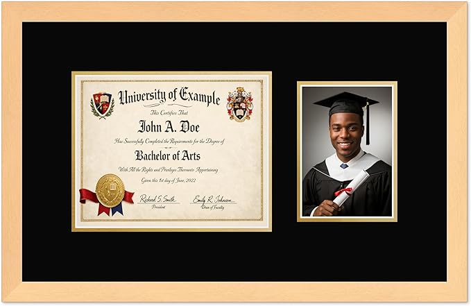 CountryArtHouse Fits 10 x 8 Professional License and 5 x 7 Photo Diploma and Photo Frame Natural Wood Genuine Hardwood with Black Over Metallic Gold Double mat