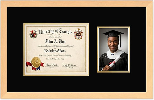 CountryArtHouse Fits 10 x 8 Professional License and 5 x 7 Photo Diploma and Photo Frame Natural Wood Genuine Hardwood with Black Over Metallic Gold Double mat