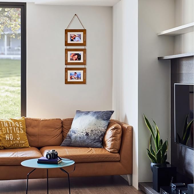 DLQuarts 5x7 Hanging Picture Frames Collage Wall Decor, 3 Opening 5x7 Matted to 3.5x5 Photo Rustic Wood Frame, Dark Walnut