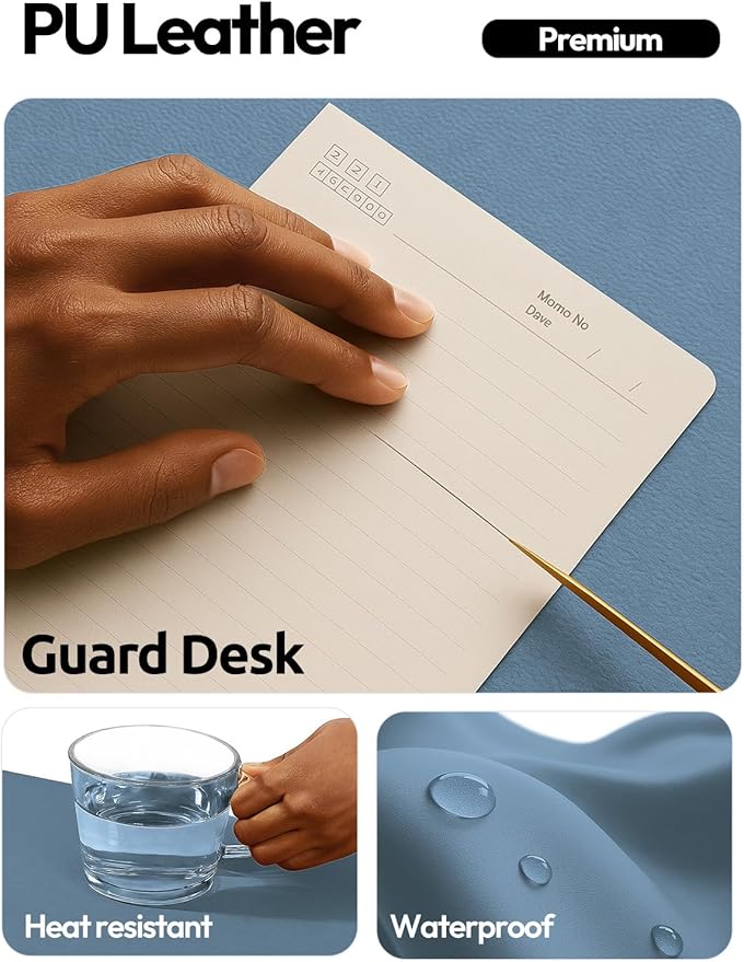 YSAGi Leather Desk Protector, Office Mat, Large Mouse Pad, Non-Slip PU Leather Blotter, Laptop Desk, Waterproof Writing Pad for Office and Home (Blue, 31.5" x 15.8")