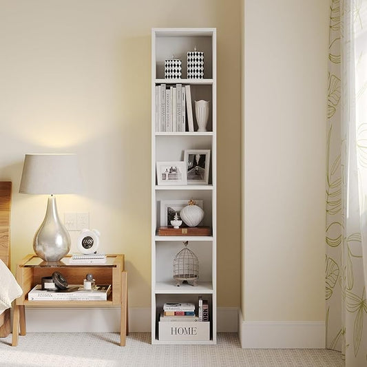 6-Tier Narrow Bookshelf, 71.5" Tall Corner Bookcase, Modern Book Shelf with Storage Space, Wooden Display Storage Shelves for Bedroom, Living Room and Office, White