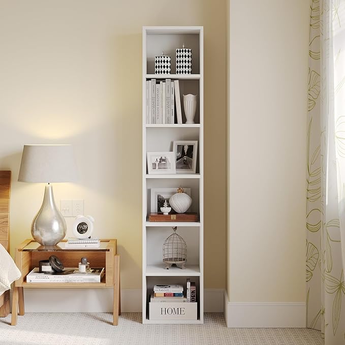 MXV Narrow Bookshelf, 6-Tier Open Bookcase, Coner Shelf, Storage Shelves, Display Storage Shelves, Floor Standing Unit, Home Decor, Furniture for Home Office, Living Room, Bedroom, White