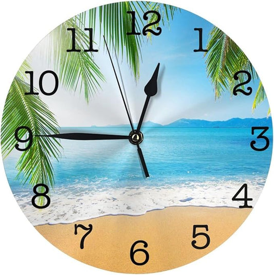 Sea Beach with Palm Trees Wall Clock Battery Operated Silent Round Clock Wall Decor for Home Office School, 9.8 Inch