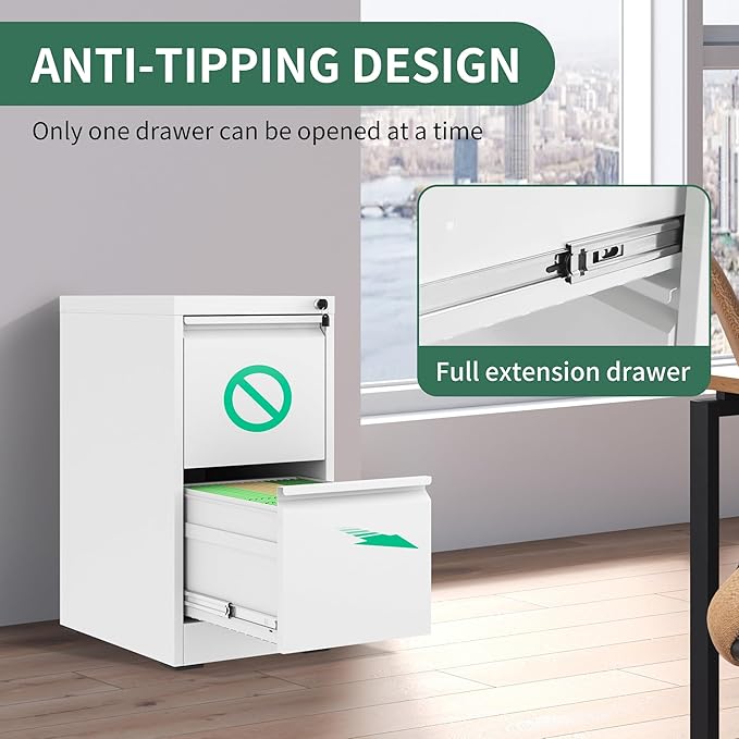2 Drawer File Cabinet, Vertical File Cabinets with Lock for Home Office,Heavy Duty Office Steel Filing Cabinet for Hanging Letters/Legal/A4, Assembly Required (White)