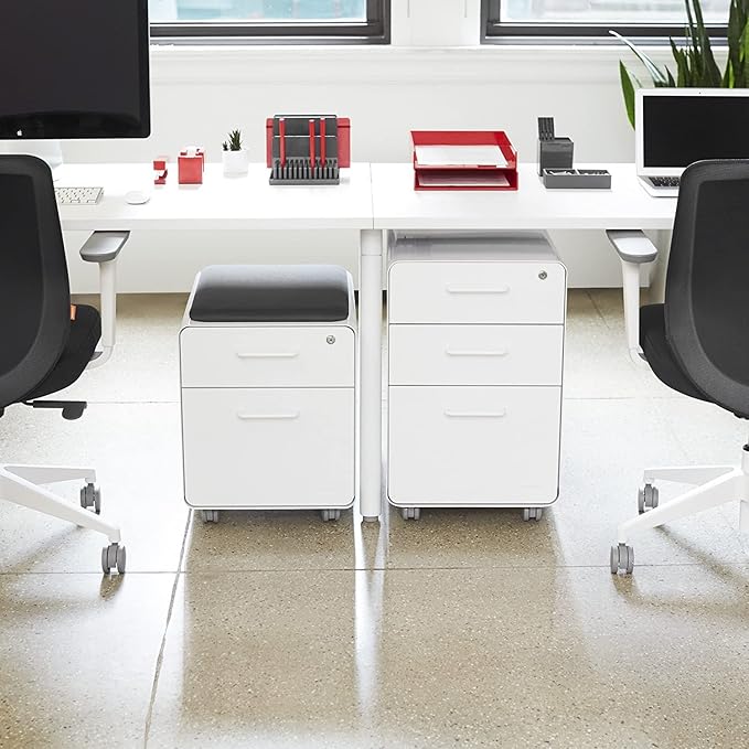 Poppin Mobile Mini Sittable Stow Rolling File Cabinet - White & Light Gray w Dark Gray Seat Cushion. Two Locking Drawers & One Key Lock. Two Keys Included. One Utility Drawer & One Hanging File Drawer