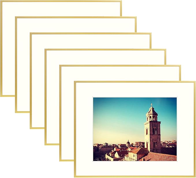 Golden State Art, Gallery Wall Frame Set of 6 - Gold 12x16 Aluminum Photo Frames with Mat for 8.5x11 Pictures - 12 x 16 inch Metal Frame with Real Glass Cover - Elegant Home or Office Decor