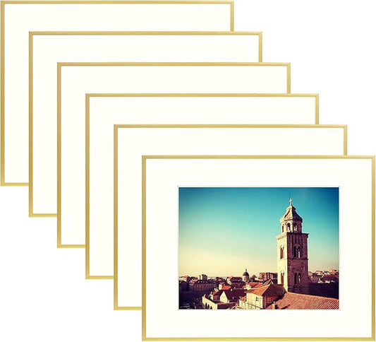 Golden State Art, Gallery Wall Frame Set of 6 - Gold 12x16 Aluminum Photo Frames with Mat for 8.5x11 Pictures - 12 x 16 inch Metal Frame with Real Glass Cover - Elegant Home or Office Decor