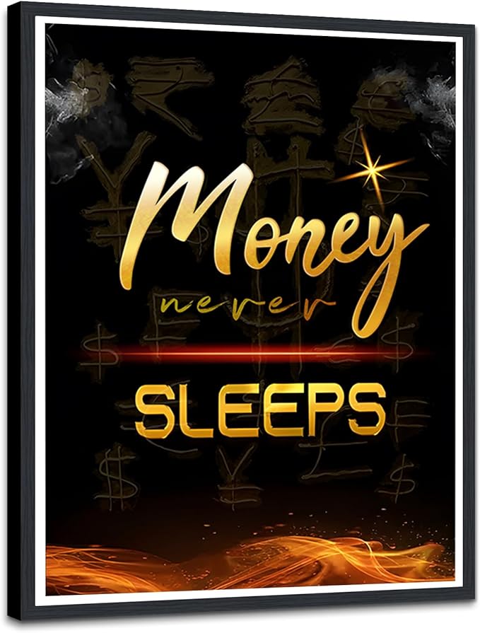 Money Wall Art Money Never Sleeps Text Motivational Posters Inspirational Entrepreneur Wall Decor Canvas Print Artwork for Office Living Room Decor Ready to Hang 12X16inch