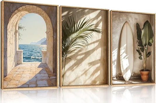 Ausril French Landscape Framed Canvas Wall Art Set, Ocean Coastal Style Wall Decor, Palm Tree Surfboard Wall Painting, Ocean Seascape Art Prints for Living Room, Bedroom, 24×36inches