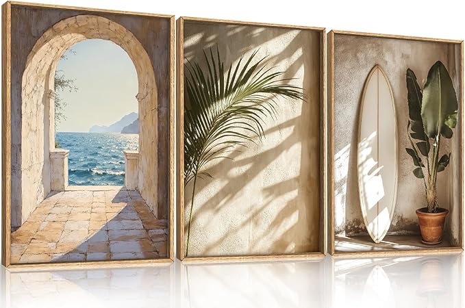 Ausril French Landscape Framed Canvas Wall Art Set, Ocean Coastal Style Wall Decor, Palm Tree Surfboard Wall Painting, Ocean Seascape Art Prints for Living Room, Bedroom, 16×24inches
