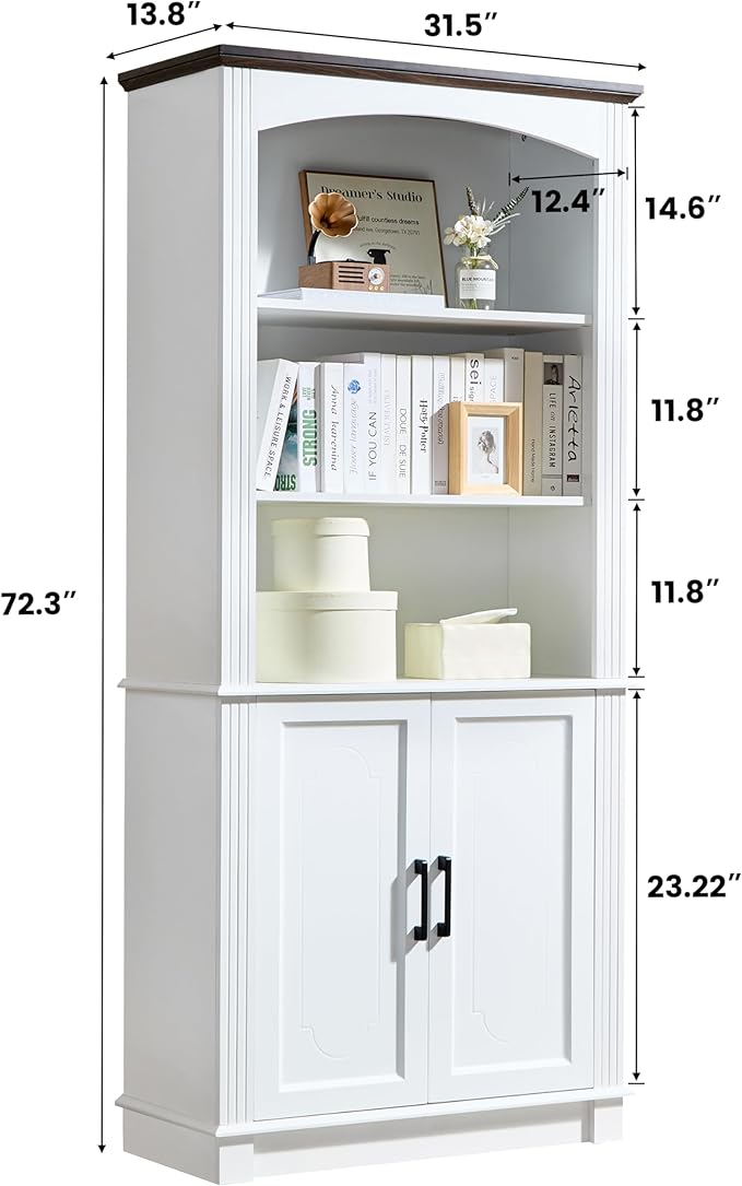 LIDYUK White 5 Tier Book Shelf and Bookshelf with Storage Cabinet Doors, 72 Inch Tall Bookcase, Wooden Cube Storage Organizer, Display Cabinet Furniture, Living Room, Pantry