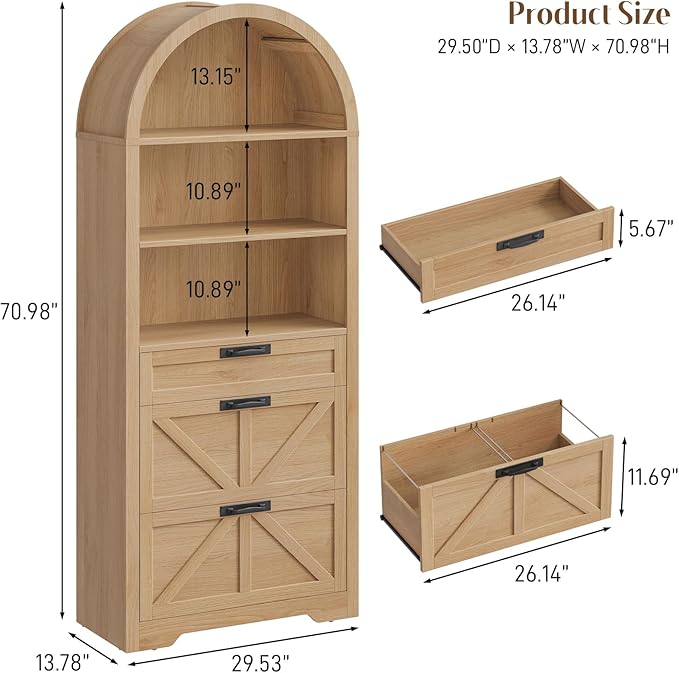 Arched Farmhouse File Cabinet with 2 Drawers for Legal, Letter, and A4 Size Hanging Files, Large Wooden File Cabinet for Home Office with Printer Stand and Bookshelf, Natrual