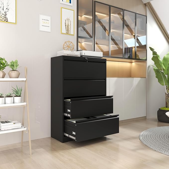 4 Drawer File Cabinet,Metal Lateral Filing Cabinet with Lock,Home Office Storage Organizer Cabinet for Legal/Letter/A4/F4 Size Files,35.5" W,Black
