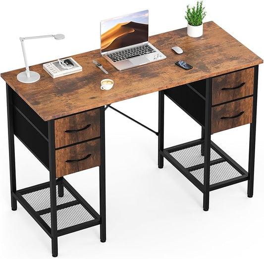 DUMOS Computer Desk 47 Inch with 4 Drawers Home Office Table with Mesh Shelf for Work Study Writing Gaming Storage Furniture for Bedroom, Rustic Brown