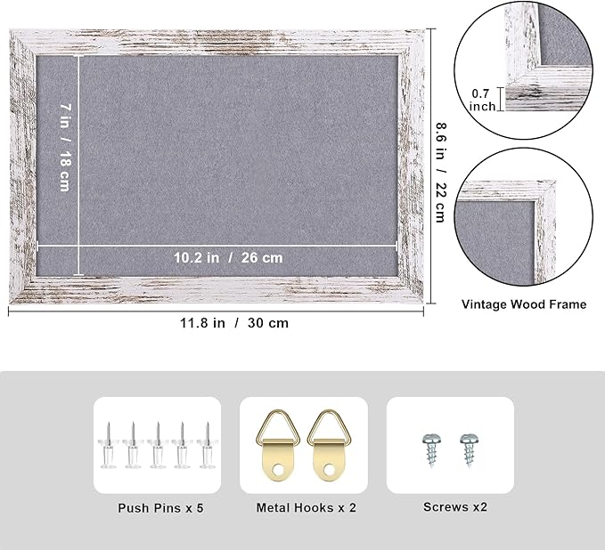 Gray Felt Bulletin Board, Small Decorative Hanging Bulletin Boards for Walls with White Rustic Wood Frame, 11.8x8.6 inches Pin Board Vision Board for Office Home School with Pins(2230,WH,1p)