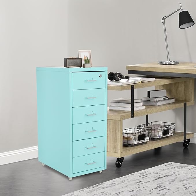 Vertical File Cabinets | 3 Drawer File Cabinet with Wheels| Steel Lockable Storage Cabinets | Metal S-torage Cabinet for Home Office | Storage A4/F4/Letter/Legal (Light Blue-6 Drawers)