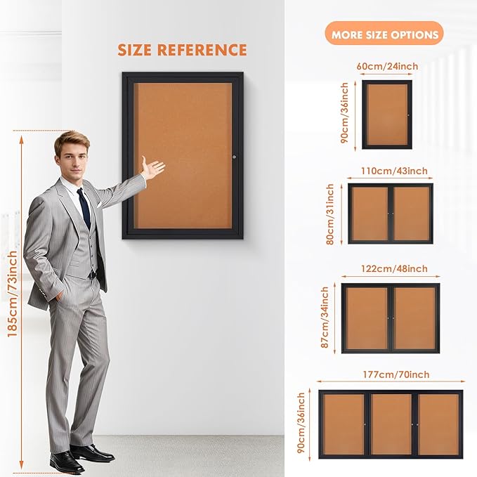Enclosed Bulletin Board Outdoor Noticeboard with Locking Door, Weather-Resistant, Cork, Black Aluminum Frame, 43 x 31 in
