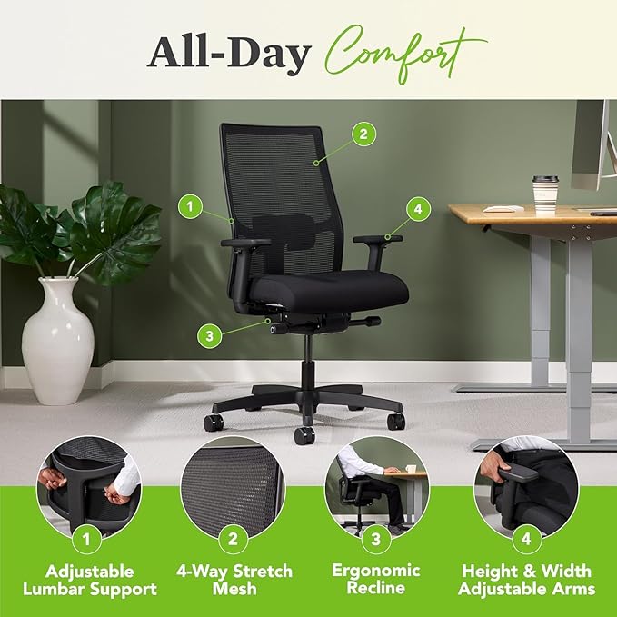 HON Ignition 2.0 Mid Back Task Chair, Spectrum Mesh, Advanced Synchro-Tilt Control, Office Chair with Lumbar Support, Height and Width Adjustable Arms, Titanium Frame, Linen