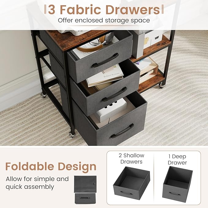 GOFLAME 3 Drawer Mobile File Cabinet with Charging Station, Rolling Printer Stand with Open Storage Shelves, Wooden Storage Cabinet on Wheels for Home Office (Rustic Brown and Gray)