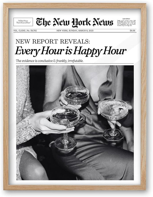 iHery Every Hour is Happy Hour Framed Trendy NewsPaper Wall Art, Natural OAK Wood Large 16x20in Canvas Wall Decor For Bedroom, Retro New York News Prints for Girl Dorm Living Room Home 1Pack