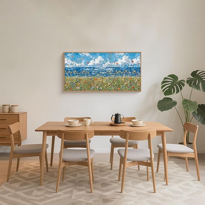 Large Blue Seaside Wildflower Framed Canvas Wall Art,Modern Nature Ocean Wall Decor,Rustic Sky Printing,White Cloud Landscape Artwork for Living Room,Bedroom,Dining Room-20"x40"x1