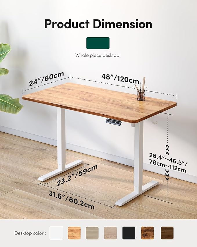 CubiCubi 48 x 24 Large One-Piece Standing Desk, Adjustable Height Electric Computer Home Office Sit Stand up Workstation, with 4 Memory Presets, Headphone Hook, Light Rustic