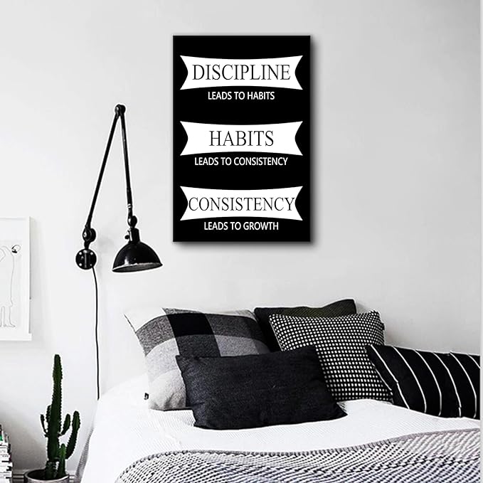 Inspirational Canvas Wall Art Painting Discipline Habits Consistency Motivational Positive Quotes Poster Print Wall Picture Artwork for Bedroom Office Gym Stretched and Framed [12''Wx18''H]