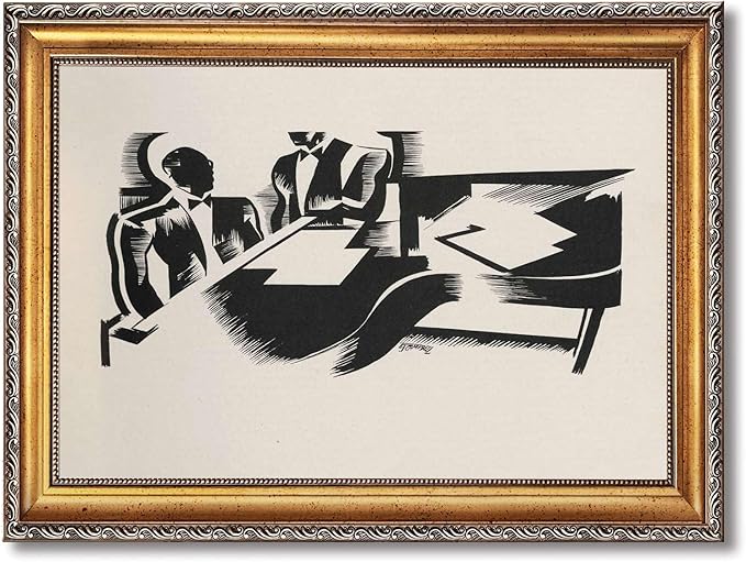 Framed Abstract Meeting Scene Poster Canvas Print Art, Modern Wall Art Painting, Elegant Pictures, Minimalist Aesthetic Wall Decor, Office Decoration, Art Print for Living Room, Apartment (Retro Framed,12L"x16W")