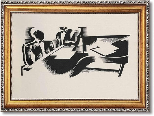 Framed Abstract Meeting Scene Poster Canvas Print Art, Modern Wall Art Painting, Elegant Pictures, Minimalist Aesthetic Wall Decor, Office Decoration, Art Print for Living Room, Apartment (Retro Framed,12L"x16W")