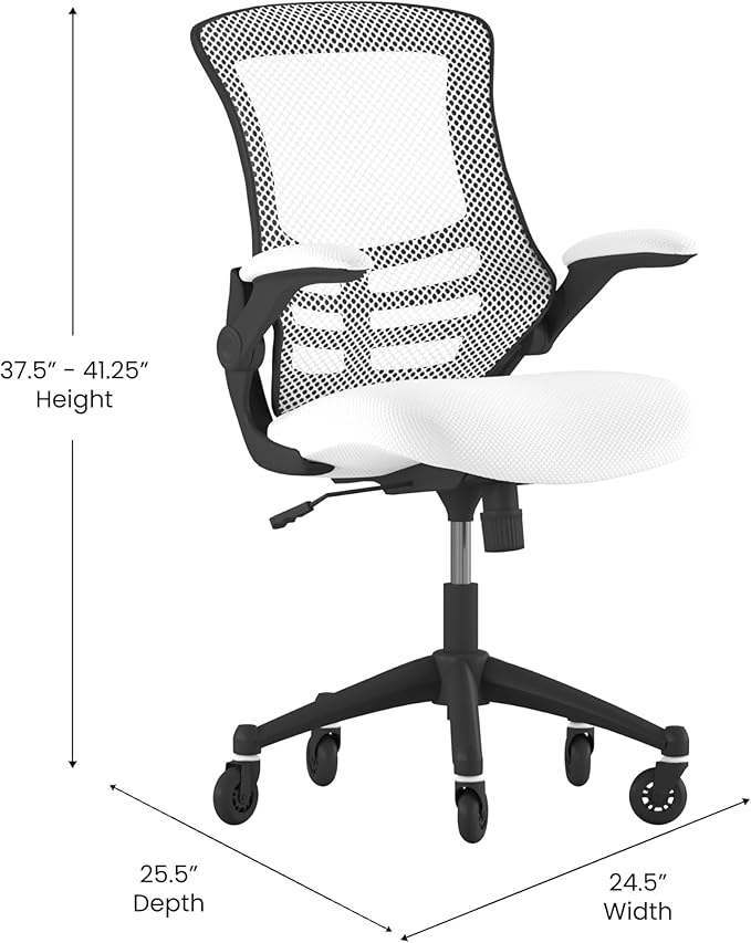 Flash Furniture Kelista Mid-Back White Mesh Swivel Ergonomic Task Office Chair with Flip-Up Arms and Transparent Roller Wheels
