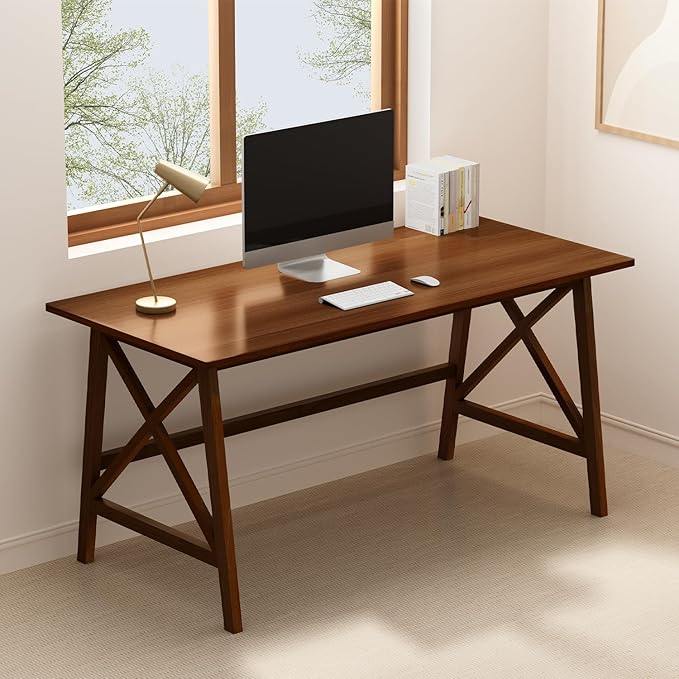 Modern Solid Wood Desk - 54" Simple Computer Table for Home Office Study Writing Workstation in Walnut, 54" W x 24" D