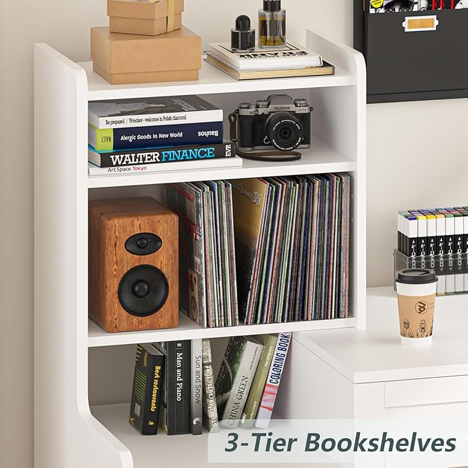 60" Computer Desk with Drawers & Bookshelves, Home Office Desk with Storage Cabinet & Spacious Desktop, Writing Gaming Study Table with Bookcase, White