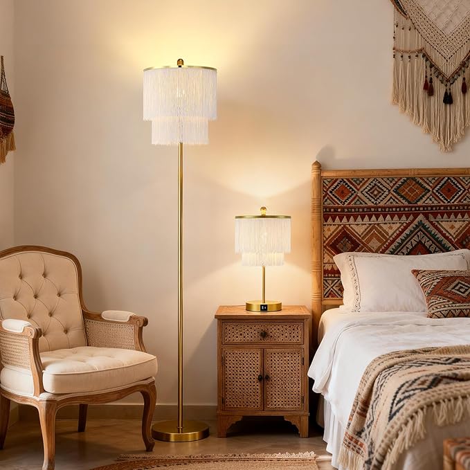 Dimmable Boho Tassel Floor Lamp with Remote Control for Living Room, 63" Tall Fringe Standing Bedroom Lamp with 3 Color Temperature Adjustment, Modern Stand Up Corner Lamp with Tassel Lampshade