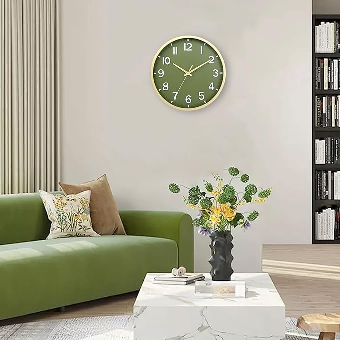 Wall Clocks Battery Operated 8 inch Modern Wall Clock,Silent Non Ticking Wall Clock for Living Room Bedroom Kitchen Office Classroom Decor (Green Gold)