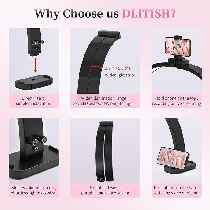 Foldable Half Moon Light for Nail Desk, 31in 45W Nail Desk Lamp with Phone Holder, Half Moon Table Lamp with Stepless Color Temperature Dimmable for Manicure (Black)