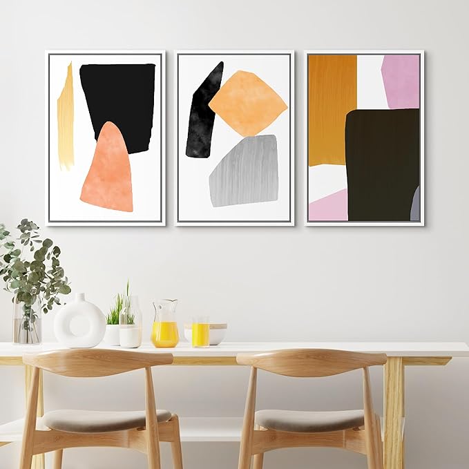 SIGNFORD Framed Wall Art Print Set Orange, Black & Purple Polygons Abstract Shapes Digital Art Modern Art Contemporary for Living Room, Bedroom, Office - 24"x36"x3 White