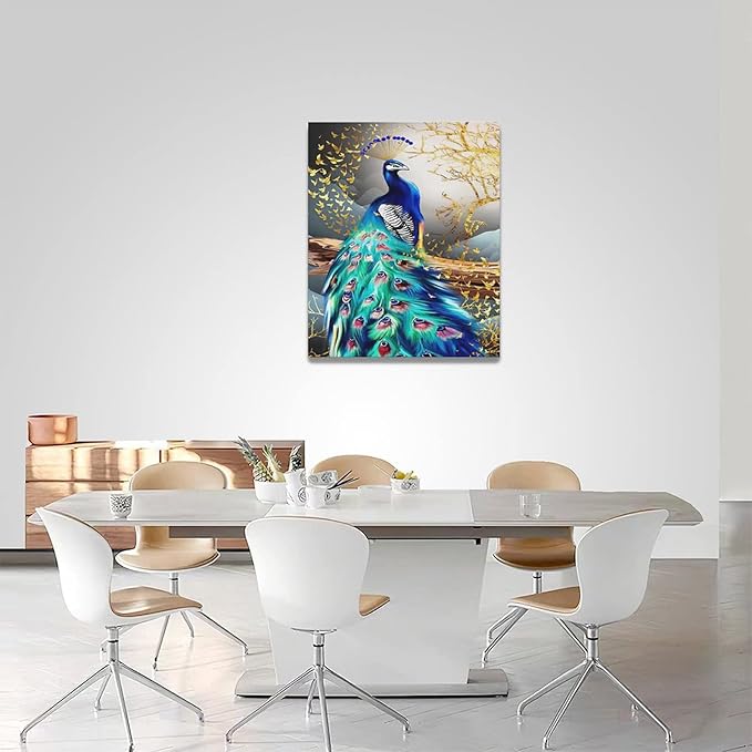 yerretin Peacock Wall Art Peacock Golden Tree Pictures Wall Decor Bird Canvas Painting Modern Decoration Artwork for Bathroom Living Room Bedroom Office Framed 16"x20"