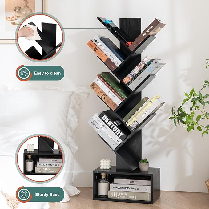Yoobure Tree Bookshelf, 6 Tier Small Book Shelf Retro Floor Standing Bookcase, Wood Book Storage Organizer Rack, Tall Narrow Bookshelves for Corner/Bedroom/Living Room/Home Office, Black