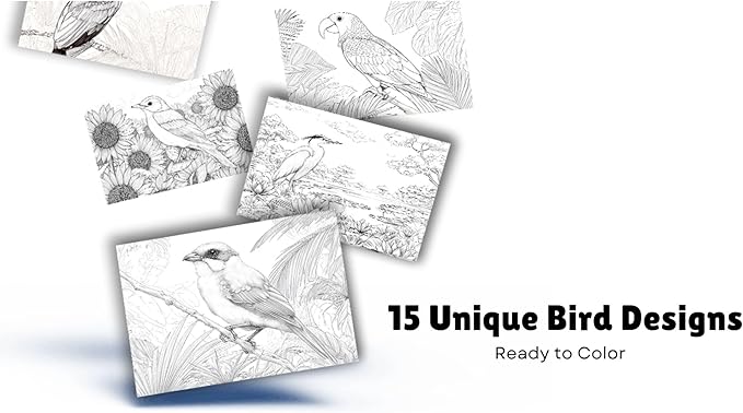 Artwink Watercolor Coloring Cards – Bird Theme, 15 Sheets (5x7 Inches, 300gsm), Works with Watercolor, Colored Pencils, or Markers, Great for Coloring Book Lovers & Watercolor Painting Practice