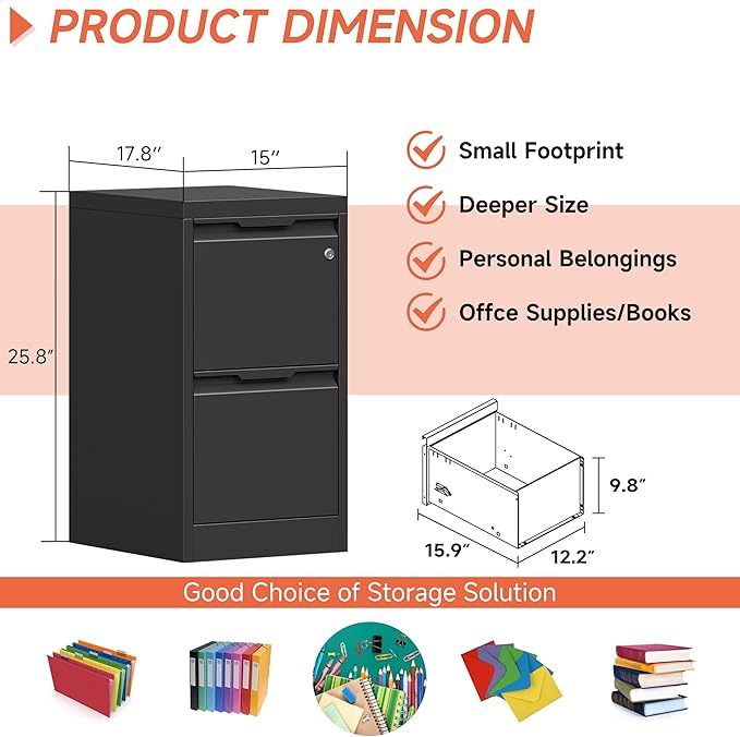 2 Drawer File Cabinet with Lock,Black Metal Filing Cabinets,Steel Vertical Fit Hanging Files, Letter,File Box and A4 Documents-Assembly Require