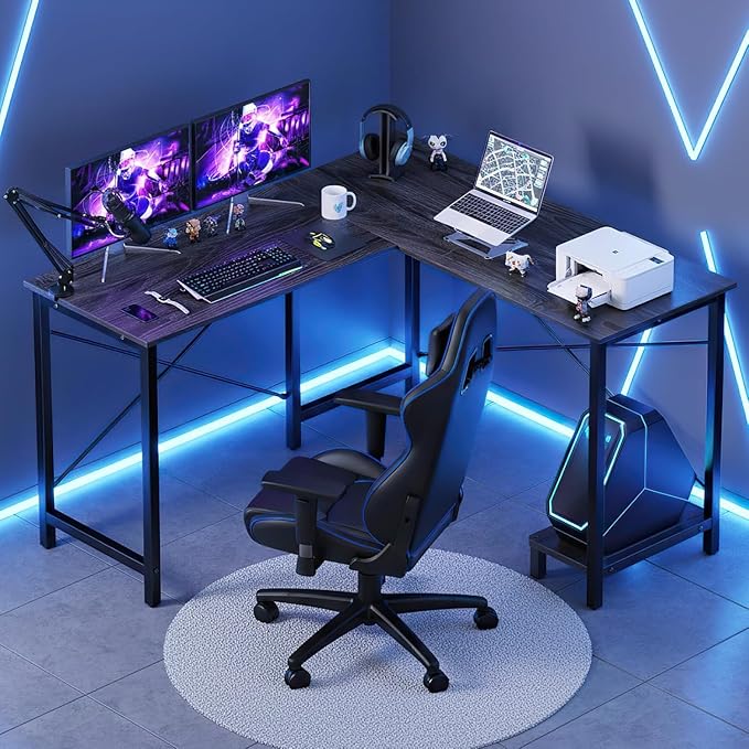 Sweetcrispy L Shaped Desk Computer Gaming Corner Table 51 Inch Home Office Writing Student Work PC Workstation with Side Storage Bag CPU Stand for Bedroom Small Spaces