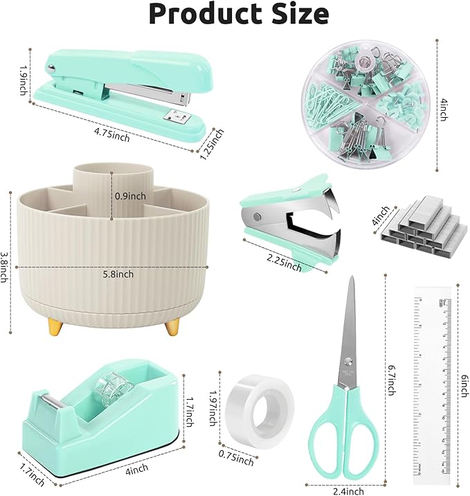 Office Accessories, 10Pcs, 360-Degree Rotating Pen Holder, Office Supplies Include Stapler, Tape, Tape Holder, Scissors, Ruler, Staple Remover, 1 Box of Staples, Paper Clips Kit for Office School