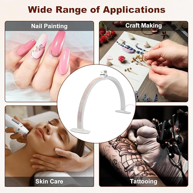 FAHKNS 29IN Half Moon Light for Nail Desk, Desk-top Nail Lamp with Sparkling Rhinestones, Folfing Lamp with Phone Holder, Manicure, Diamond Painting, Sewing, 10 Brightness Levels