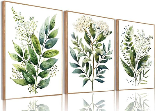 Bwodke Botanical Wall Art Plant Floral Watercolor Poster Canvas Prints Set of 3 Framed Sage Green Painting Eucalyptus Leaf Picture Modern Minimalist Home Decor Bedroom Bathroom Living Room 16"x24"