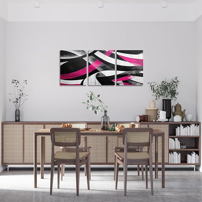 jejeloiu Kids Abstract Art 3 Piece Canvas Wall Art for Living Room Bedroom 12"x16"x3pcs Geometric Office Decorations Artwork Posters Hot Pink Modern Art Picture Wall Decor for Home Decor Bathroom