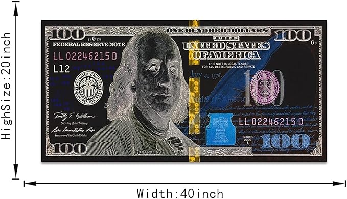 Inspirational Benjamin Franjlin 100 Dollar Money Canvas Wall Art Nordic Western Paintings USD Money Office Artwork HD Print for Guest Room Rest Room Wall Hangings Wooden Framed Ready to Hang-40"Wx20"H