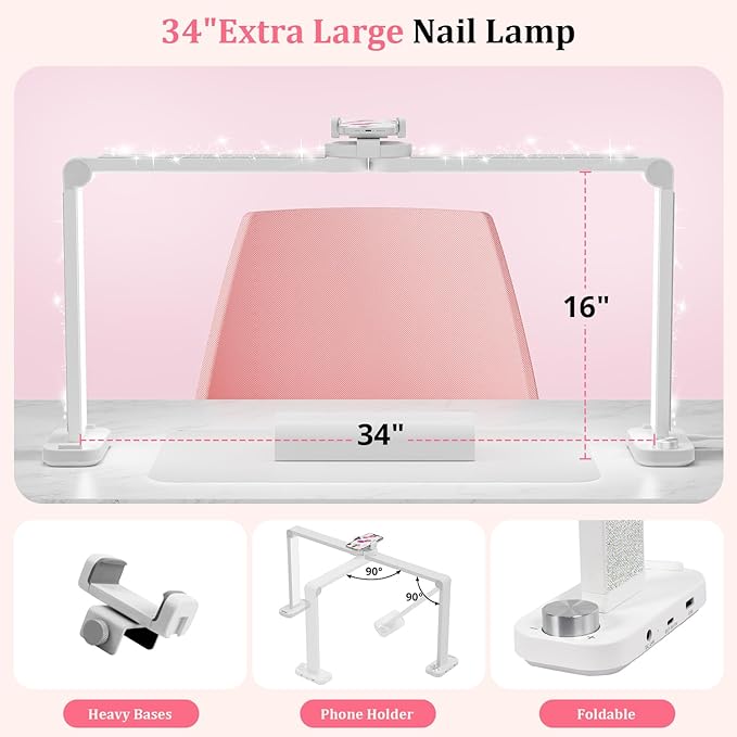 iVict Nail Desk Lamp, 34" Nails Tech Light with Phone Stand, 0-100% Adjustable Brightness, 3000K-6000K Color Temperature Led Desk lamp for Nail, Tattoos, Eyebrows, Beauty(Diamond, Large)