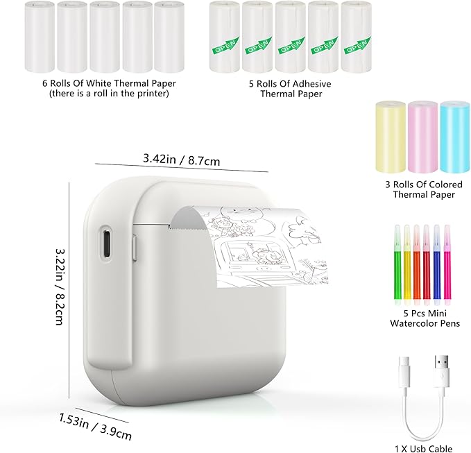Print Pods Mini Sticker Printer Machine, Portable Bluetooth Thermal Printer with 13 Rolls Paper, Sticker Maker for Kids, Impresora Portátil for Notes, Journal, DIY, Gift, Home, School, Office