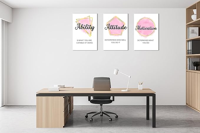 3 Piece Office Canvas Wall Art, Motivational Quotes Pink Geometric Figures Canvas Print Pictures Wall Decor for Office, Men Women Inspirational Framed Artwork Home Office Decor 16"x24" x 3 Pcs